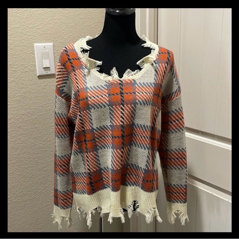 Frayed Edge Plaid Sweater - Orange and Cream